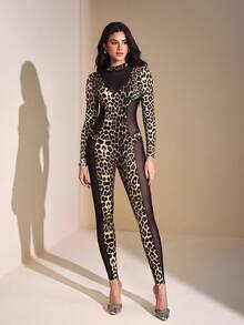 JIAN LASALA Tuta aderente da donna con stampa leopardata, manica lunga in rete trasparente, collo alto, adatta per l'autunno. Tuta leopardata elegante e di per uscite e feste.