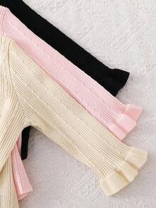 3pcs Girls Turtleneck Ribbed Twist Rope Double Ruffle Hem Long Sleeve Sweater, Black/Pink/Beige, Versatile Warm & Soft Undershirt Fall Winter - Multicolor - View 3