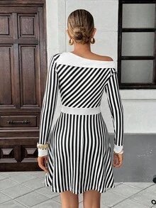Pariaura Color Block Striped Asymmetric Collar Casual Commute Minimalist Vacation Style Women Dress