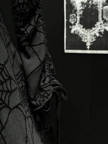 EgrlEra Women's Punk Style Black Flocked Spider Web Mesh Ruched Long Sleeve Dress, Suitable For Party - Black - View 4