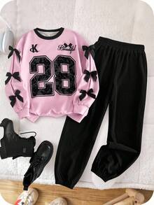SHEIN 青少年女孩宽松休闲简约舒适圆领长袖拼色运动衫和慢跑裤套装 - 粉色 - 查看 2