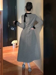DAZY Abito in tessuto di lana con vita stretta, stampa a pois su tutto il capo, colletto a nastro a contrasto, chiusura con bottoni in metallo, vestito elegante con vestibilità morbida adatto per lavoro/matrimonio/festa, abito midi a-line per donna - Grigio - Visualizzare 8