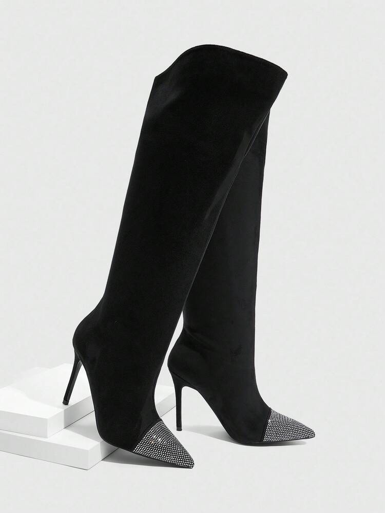 CUCCOO SZL Fashionable Rhinestone Pointed Toe Stiletto Pleated Over-The-Knee Boots, Suitable For Dates And Parties