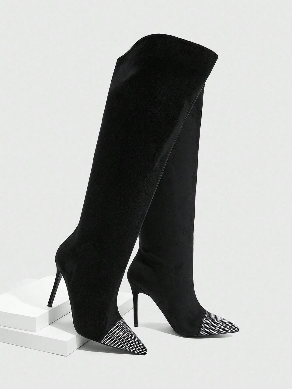 CUCCOO SZL Fashionable Rhinestone Pointed Toe Stiletto Pleated Over-The-Knee Boots, Suitable For Dates And Parties