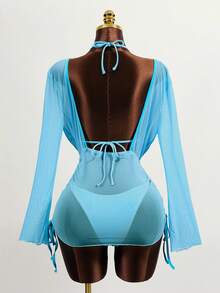 Zestiva Ladies' Vacation Solid Color Halter Strap Sexy Bikini Set With Cover-Up Dress, Summer Beach - Blue - View 4