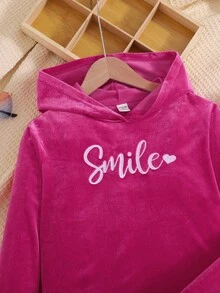 SHEIN 少女天鹅绒休闲简约舒适圆领运动衫和裤子套装 - 玫紅色 - 查看 4