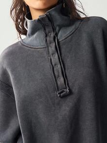 Bohemela 秋冬波西米亚风羊毛休闲纯色针织半拉链长袖宽松水洗女式运动衫 - 深灰色 - 查看 2