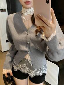 DAZY Women's Fashion Elegant Grey Autumn Waist Cinched Cardigan,High Collar Lace Trim Mesh Patchwork Layering Sweater,Suitable For Wedding,Party,Casual - Grey - View 5