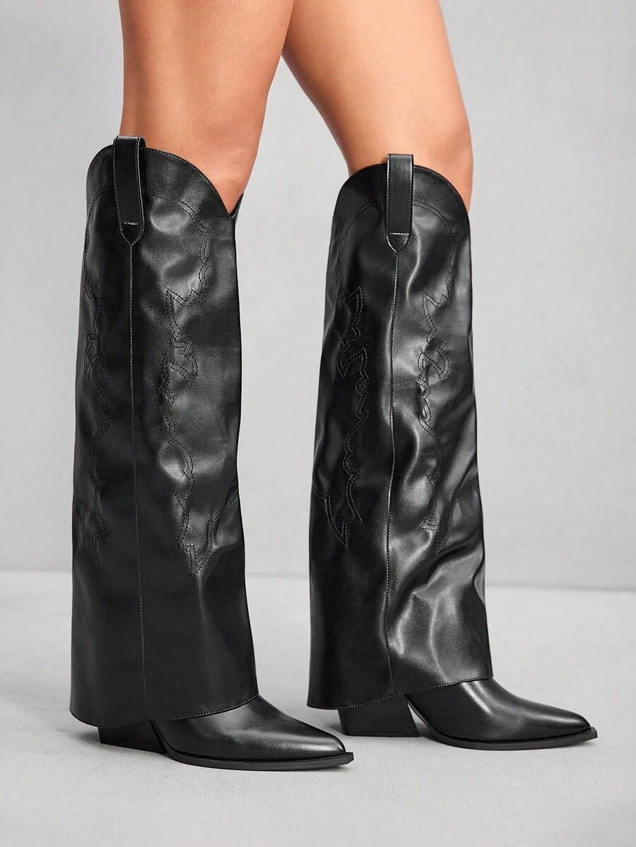 CUCCOO SZL Cuccoo 尖头过膝粗跟高筒靴，性感女式马靴 - 黑色 - 查看 1