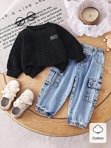 SHEIN Playful Pals 2pcs Baby Boy Letter Print Long Sleeve Sweatshirt And Cargo Pants Set - Black - View 1