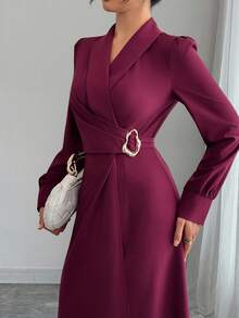 Elenzga Women's Solid Color Shawl Collar Long Sleeve Metal Waist Design Elegant Mid-Length Dress - Red - View 3