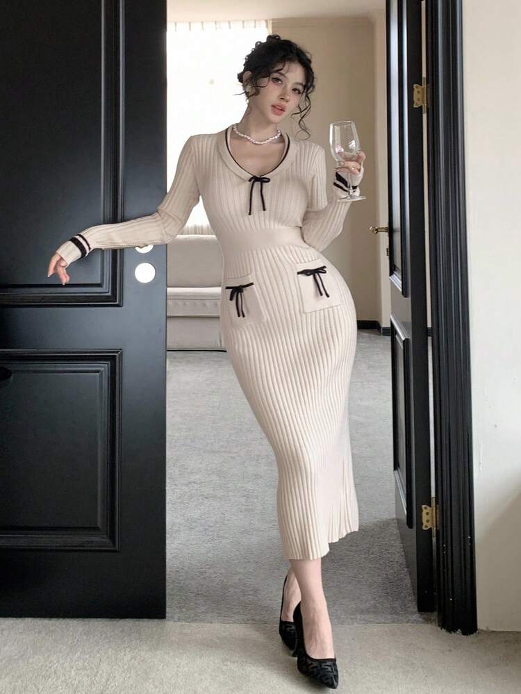Elegant Color Block Bow Decor Round Neck Fitted Waist Long Sweater Dress For Women, Casual Style, Autumn/Winter