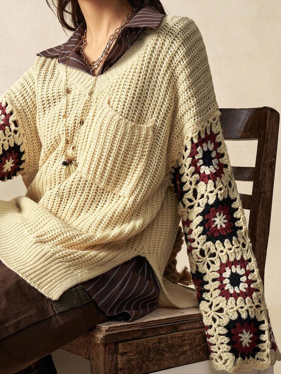 Bohemela Áo len đan hở vai họa tiết hoa móc cho nữ, Thu/Đông - Gỗ đỏ - Xem 1