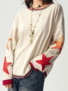 Bohemela 秋季大码女式休闲落肩星形贴花运动衫 - 彩色 - 查看 6