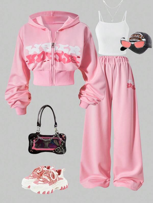 Sparklyn 3pcs/Set Casual Comfortable Sporty Outdoor Zip Front Printed Knit Fabric Loose Fit Outerwear, Suitable For Teenagers, Pink Solid Color Fall Winter