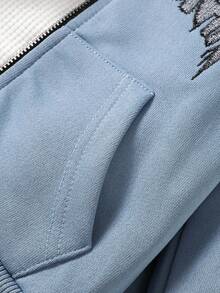 SHEIN 2pcs Baby Boys Hoodie Jacket With Letter Embroidery & Pants Set, Soft & Comfortable Casual Style Suitable For Autumn/Winter Outdoor, Travel, Daily Life - Blue - View 4