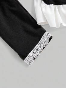 ROMWE Kawaii 大码秋季可爱蝴蝶结蕾丝拼接长袖T恤，大码女式秋冬长袖上衣 - 黑色 - 查看 4