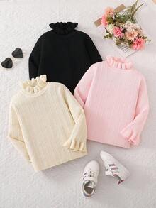 3pcs Girls Turtleneck Ribbed Twist Rope Double Ruffle Hem Long Sleeve Sweater, Black/Pink/Beige, Versatile Warm & Soft Undershirt Fall Winter - Multicolor - View 1