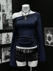 Flirla 女款純色露肩百褶休閒哥德風長袖套頭毛衣，海軍藍，適合萬聖節、夜店、俱樂部之夜，秋季穿搭 - 寶藍色 - 查看 4