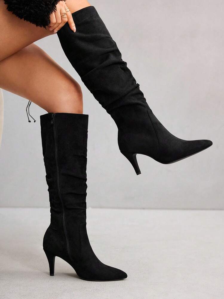 CUCCOO SZL Pointed Toe Ruched Chic Niche Pleated Gold High Heel Stacked Knee-High Boots, Elegant French Style For Women For Christmas Spring Shoes