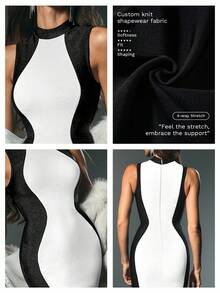 Nuvra 紧身绷带连衣裙，无袖，紧身曲线，收腰，黑白配，优雅派对，秋冬 - 黑與白 - 查看 3