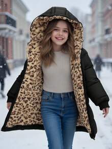 Sparklyn Tween Girls' Casual All-Match Versatile Daily Leopard Print Quilted Long Padded Coat With Hood, Autumn/Winter Fall - Black - View 1