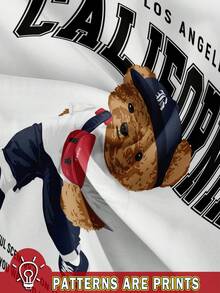 Attitoon 休闲加州风格熊图案白色圆领短袖修身女式 T 恤，棉混纺，适合夏季