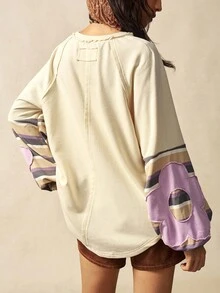 Bohemela Áo nỉ tay dài cổ tròn dệt kim chắp vá thông thường dành cho nữ vào mùa thu/đông - Màu Khaki - Xem 7