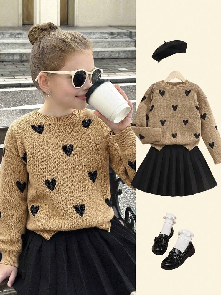 SHEIN Tween Girl Heart Pattern Drop Shoulder Round Neck Sweater And Solid Black Pleated Skirt 2 Pcs Set, For Daily Wear,Back To School, Casual Occasions, Warm For Autumn Winter, Daily Wear - Brown - View 8