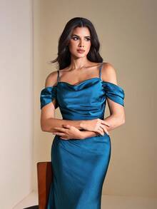 JIAN LASALA Cowl Neck Spaghetti Straps Drape Sleeves Solid Satin Midi Mermaid Dress Women Elegant Autumn Elegant Dresses For Women Going Out Party Dress Evening Dress Wedding Guest Luxury Stylish Clothing Collection Bachelorette Party Prom Dress - Teal Blue - View 6