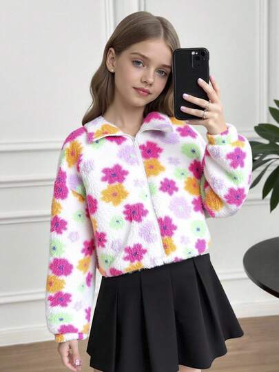 SHEIN Serisse Kids 少女彩色花朵图案立领长袖拉链高领保暖泰迪夹克，羊毛开衫，温暖舒适，非常适合秋冬季休闲日常穿着和上学日常穿着