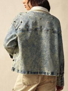 Bohemela Autumn/Winter Boho Casual Solid Color Woven Metal Eyelet Denim Loose Fit Cropped Jacket For Women