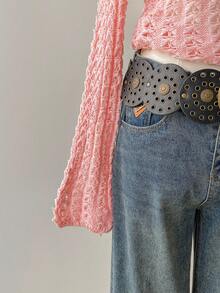 SHEIN Unity Pale Pink Hollow Out Boat Neck Flare Sleeve Sweater For Women - Pink - View 4