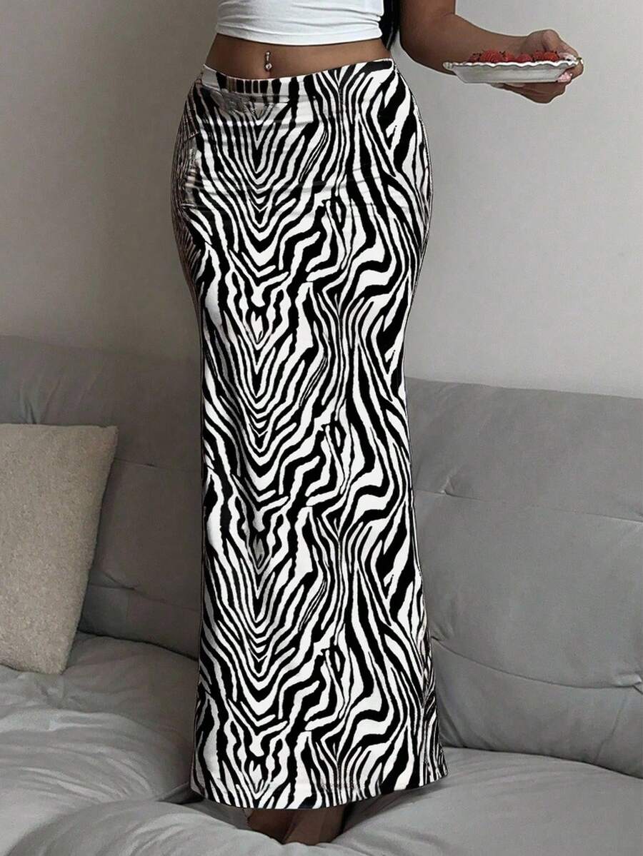 SHEIN SXY Women's Zebra Print Low Waist Long Knitted Skirt, Suitable For Spring, Summer, Autumn Suitable For Going Out Chic Dress - White - View 1