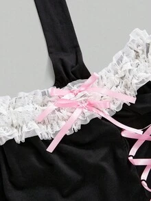 ROMWE Kawaii 大码秋季可爱蝴蝶结蕾丝拼接长袖T恤，大码女式秋冬长袖上衣 - 黑色 - 查看 3