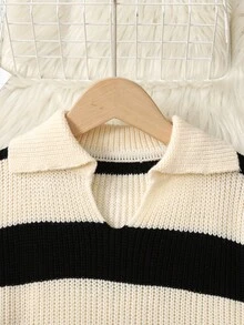 SHEIN 青少年女孩休闲罗纹高领黑白条纹毛衣和纯黑色阔腿裤两件套，适合秋冬季 - 黑與白 - 查看 12