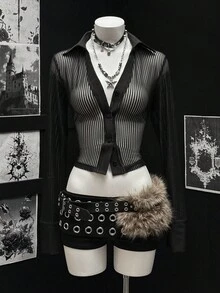 EgrlEra Women's Striped Patchwork Sexy Front Button Long Sleeve Shirt - Black - View 1