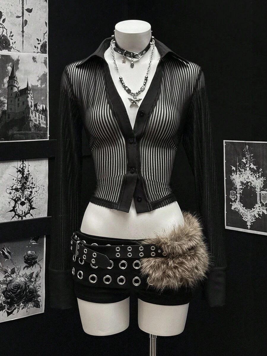 EgrlEra Women's Striped Patchwork Sexy Front Button Long Sleeve Shirt - Black - View 1