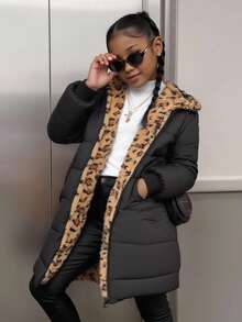 Sparklyn Tween Girls' Casual All-Match Versatile Daily Leopard Print Quilted Long Padded Coat With Hood, Autumn/Winter Fall - Black - View 4