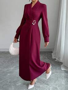 Elenzga Women's Solid Color Shawl Collar Long Sleeve Metal Waist Design Elegant Mid-Length Dress - Red - View 6