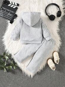 SHEIN 男嬰字母刺繡連帽衫外套褲子組 牛仔風 秋冬親子裝 生日禮物 灰色 白色 淺灰色 - 灰色 - 查看 2