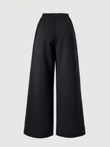 少女休闲纯色针织保暖内衬厚裤，带侧袋，前部缝合紧密，秋冬舒适运动裤