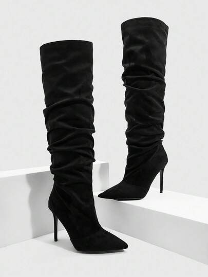 CUCCOO SZL Women's Fashion Pointed Toe Ruched Thigh High Boots, Stiletto Heel, Suitable For Dates And Parties For Christmas Spring Shoes