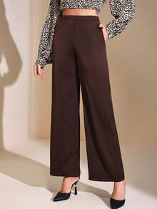 JIAN LASALA 中腰阔腿女士纯色长裤 秋冬休闲装 新年穿搭 婚礼宾客 奢华时尚服装系列 - 棕色 - 查看 5