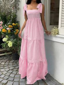 SHEIN Unity 蓝色条纹方领高腰露背系带喇叭裙连衣裙，性感度假风，春夏 - 彩色 - 查看 6