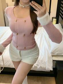 DAZY Women's Elegant Casual Fashion Colorblock Faux Fur Collar Round Neck Knit Sweater With Metal Button Decor, Pink, Autumn/Winter