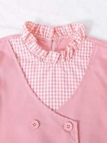 2 件套女童格子拼接学院风甜美校园装 - 长袖衬衫、背心和迷你裙，适合学校、休闲、派对 - 粉色 - 查看 4