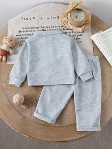 SHEIN Playful Pals 男婴春秋时尚运动衫和运动裤套装，精选暖色，展现简约优雅风格。 - 灰色 - 查看 2