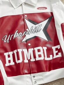 Manfinity Unisex Men's Woven Fashionable Casual Daily Loose Long Sleeve PU Leather Jacket, School, For Fall Winter, Couple Things - Red and White - View 5