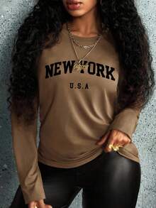 INAWLY 女士休闲印花字母圆领长袖 T 恤，秋季图案 T 恤女士春季上衣 - 棕色 - 查看 4